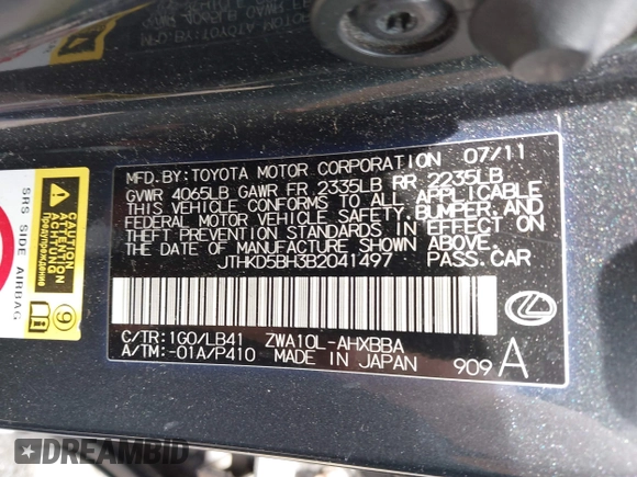 2011 Lexus CT 200h with VIN JTHKD5BH3B2041497, listed as a IAAI auction lot 42213132 with 224,866 mi miles and . Bid and sale history available at DreamBid. Image 9.