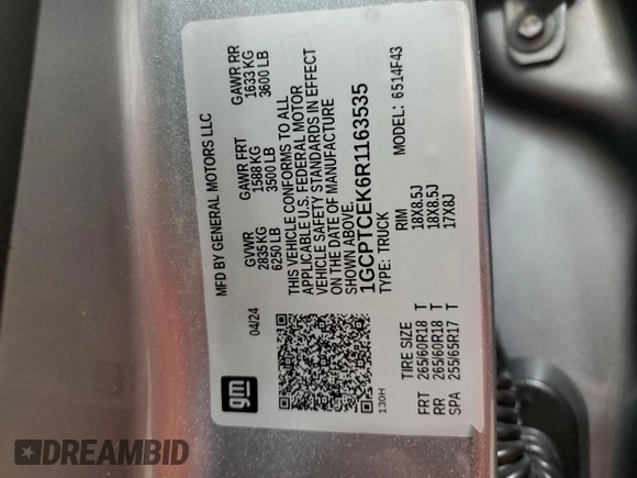 2024 Chevrolet Colorado 4WD LT z VIN 1GCPTCEK6R1163535, wystawiony jako Copart lot #57912345 z przebiegiem 3 718 mil mil oraz Szkoda całkowita • Salvage title. Historia ofert i sprzedaży dostępna na DreamBid. Obrazek 13.