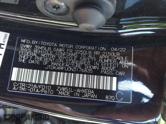 2022 Toyota Prius L Eco with VIN JTDKAMFU0N3176835, listed as a IAAI auction lot 41995548 with 47,945 mi miles and . Bid and sale history available at DreamBid. Image 9.