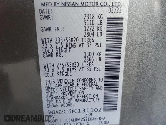 2023 Nissan Murano SL with VIN 5N1AZ2CJ5PC131102, listed as a Copart auction lot 49656345 with 52,949 mi miles and Non Repairable. Bid and sale history available at DreamBid. Image 13.