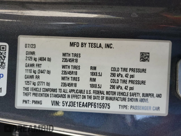 2023 Tesla Model 3 with VIN 5YJ3E1EA4PF615975, listed as a Copart auction lot 58845405 with 38,927 mi miles and Salvage title. Bid and sale history available at DreamBid. Image 12.