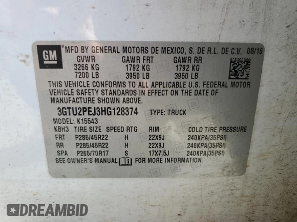 2017 GMC Sierra 1500 Denali with VIN 3GTU2PEJ3HG128374, listed as a Copart auction lot 47121155 with 214,373 mi miles and Salvage Title. Bid and sale history available at DreamBid. Image 12.