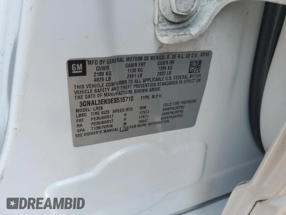 2014 Chevrolet Captiva Sport LT with VIN 3GNAL3EK9ES515710, listed as a Copart auction lot 71123984 with 100,135 mi miles and Salvage Title. Bid and sale history available at DreamBid. Image 13.