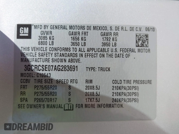 2010 Chevrolet Silverado 1500 LT with VIN 3GCRCSE07AG283691, listed as a IAAI auction lot 42036305 with 240,896 mi miles and . Bid and sale history available at DreamBid. Image 9.