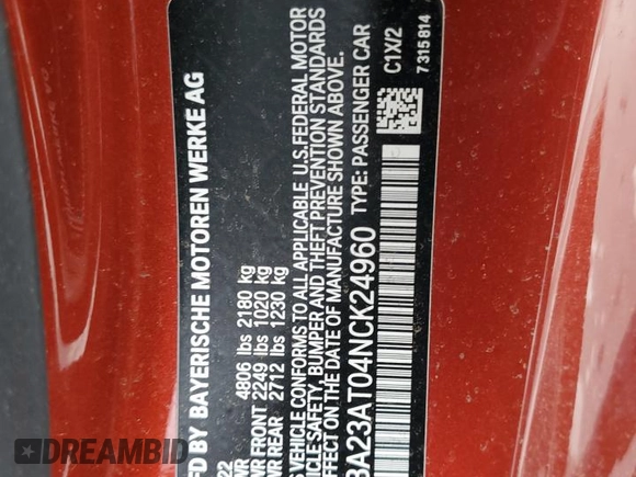 2022 BMW 4 Series 430i z VIN WBA23AT04NCK24960, wystawiony jako Copart lot #45815565 z przebiegiem Nie podano mil oraz Nie do naprawy • Non repairable. Historia ofert i sprzedaży dostępna na DreamBid. Obrazek 12.