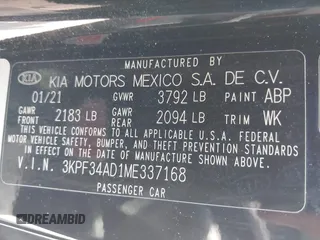 2021 Kia Forte GT-Line with VIN 3KPF34AD1ME337168, listed as a IAAI auction lot 41920207 with 62,830 mi miles and . Bid and sale history available at DreamBid. Image 9.