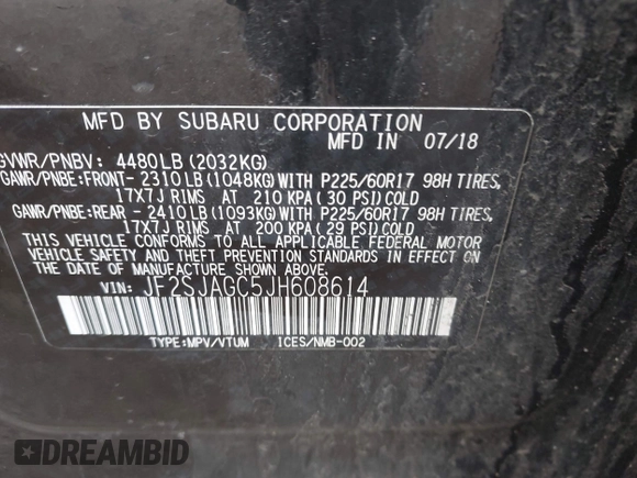 2018 Subaru Forester Premium with VIN JF2SJAGC5JH608614, listed as a IAAI auction lot 41948462 with 115,671 mi miles and . Bid and sale history available at DreamBid. Image 9.