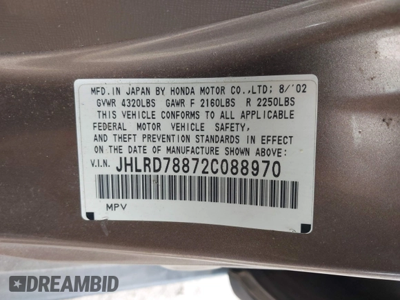 2002 Honda CR-V EX with VIN JHLRD78872C088970, listed as a IAAI auction lot 42041051 with 258,173 mi miles. Bid and sale history available at carsss.com. Image 9.