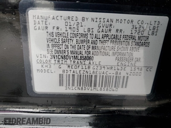 2021 Nissan Versa S with VIN 3N1CN8DV1ML858060, listed as a Copart auction lot 55814265 with 112,641 mi miles and Salvage title. Bid and sale history available at DreamBid. Image 13.