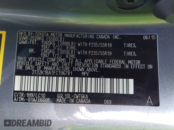 2015 Lexus RX 350 with VIN 2T2ZK1BA1FC196781, listed as a IAAI auction lot 42001697 with 149,650 mi miles and . Bid and sale history available at DreamBid. Image 9.