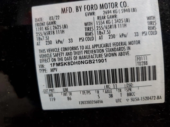 2022 Ford Explorer XLT z VIN 1FMSK8DH0NGB21901, wystawiony jako Copart lot #57749845 z przebiegiem 21 666 mil mil oraz Szkoda całkowita • Salvage title. Historia ofert i sprzedaży dostępna na DreamBid. Obrazek 14.