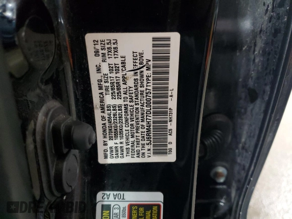 2013 Honda CR-V EX-L with VIN 5J6RM4H77DL000757, listed as a Copart auction lot 47537135 with 212,576 mi miles and Salvage Title. Bid and sale history available at carsss.com. Image 15.