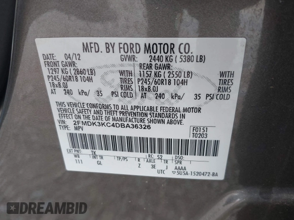 2013 Ford Edge Limited with VIN 2FMDK3KC4DBA36326, listed as a IAAI auction lot 42122441 with 152,923 mi miles and . Bid and sale history available at DreamBid. Image 9.