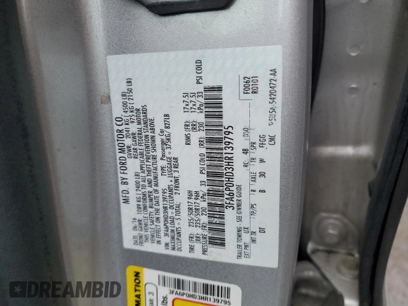 2017 Ford Fusion SE with VIN 3FA6P0HD3HR139795, listed as a Copart auction lot 47313565 with 134,342 mi miles and Clean Title. Bid and sale history available at DreamBid. Image 14.