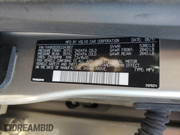 2012 Volvo XC60 3.0L с VIN YV4902DZ0C2243857, выставлен на аукционе Copart как лот 49336125 с пробегом Не указан миль и Списание • Salvage title. История ставок и продаж доступна на DreamBid. Изображение 13.
