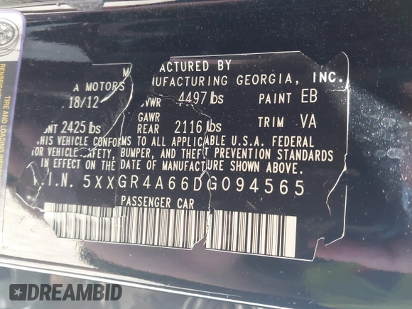 2013 Kia Optima SX with VIN 5XXGR4A66DG094565, listed as a IAAI auction lot 42295476 with 112,618 mi miles and . Bid and sale history available at DreamBid. Image 9.