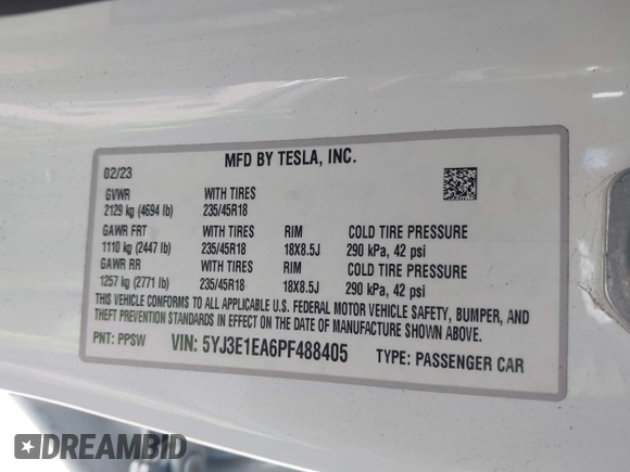 2023 Tesla Model 3 z VIN 5YJ3E1EA6PF488405, wystawiony jako IAAI lot #41570896 z przebiegiem 26 631 mil mil oraz . Historia ofert i sprzedaży dostępna na DreamBid. Obrazek 9.