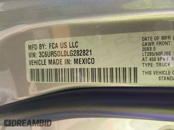 2020 Ram 2500 Big Horn with VIN 3C6UR5DL0LG282821, listed as a IAAI auction lot 42703919 with 55,160 mi miles and . Bid and sale history available at DreamBid. Image 9.