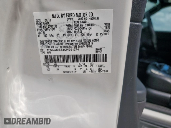 2012 Ford Escape Limited with VIN 1FMCU9E72CKB91274, listed as a Copart auction lot 60003265 with 240,131 mi miles and Salvage title. Bid and sale history available at DreamBid. Image 13.