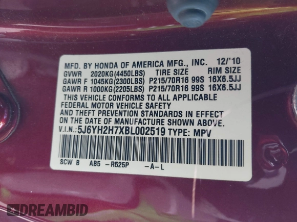 2011 Honda Element EX with VIN 5J6YH2H7XBL002519, listed as a IAAI auction lot 41886519 with 209,606 mi miles and . Bid and sale history available at DreamBid. Image 9.