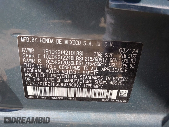 2024 Honda HR-V LX with VIN 3CZRZ1H30RM750097, listed as a IAAI auction lot 41864237 with 26,380 mi miles and . Bid and sale history available at DreamBid. Image 9.