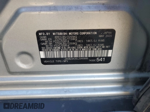 2020 Mitsubishi Outlander SE z VIN JA4AD3A30LZ040995, wystawiony jako Copart lot #53174605 z przebiegiem 139 046 mil mil oraz Szkoda całkowita • Salvage title. Historia ofert i sprzedaży dostępna na DreamBid. Obrazek 15.