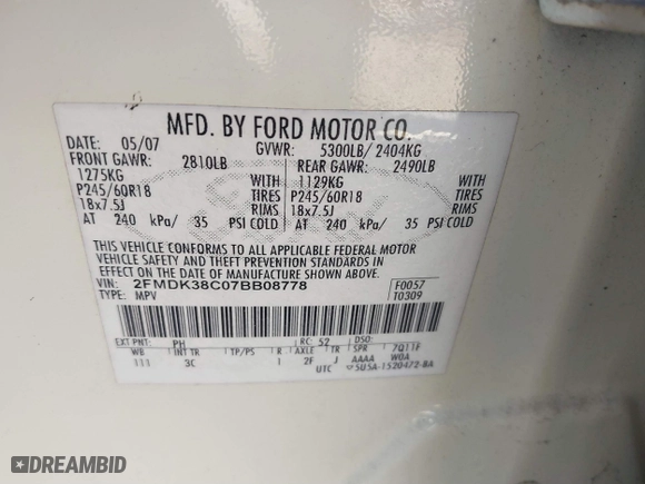 2007 Ford Edge SEL with VIN 2FMDK38C07BB08778, listed as a IAAI auction lot 41410720 with 108,335 mi miles. Bid and sale history available at carsss.com. Image 9.
