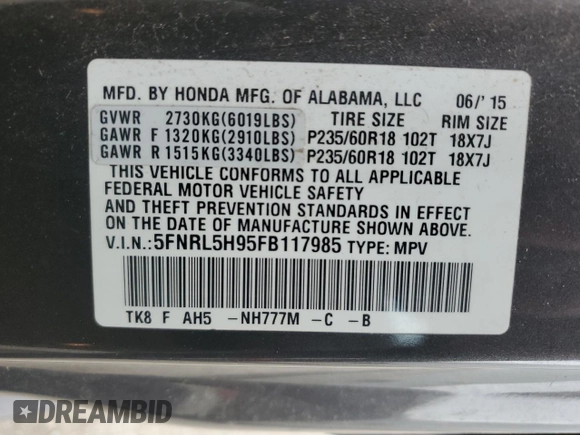 2015 Honda Odyssey Touring Elite with VIN 5FNRL5H95FB117985, listed as a Copart auction lot 57178695 with 199,757 mi miles and Non repairable. Bid and sale history available at DreamBid. Image 14.