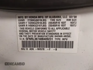2008 Honda Odyssey EX-L with VIN 5FNRL38748B409231, listed as a IAAI auction lot 41820021 with 193,840 mi miles. Bid and sale history available at carsss.com. Image 9.