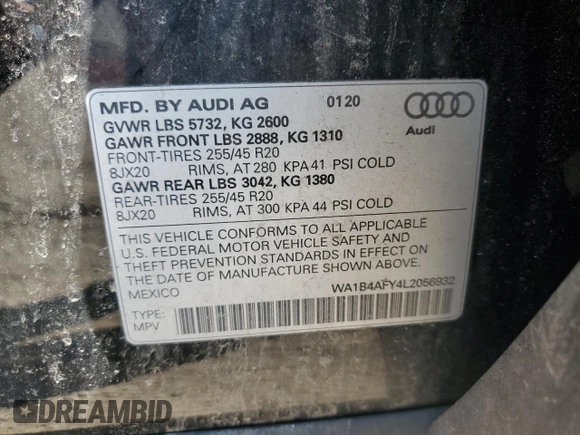 2020 Audi SQ5 Premium Plus with VIN WA1B4AFY4L2056932, listed as a Copart auction lot 71116794 with 55,244 mi miles and Salvage Title. Bid and sale history available at DreamBid. Image 13.