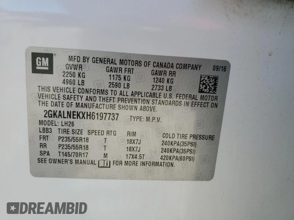 2017 GMC Terrain SLE z VIN 2GKALNEKXH6197737, wystawiony jako Copart lot #48365645 z przebiegiem Nie podano mil oraz Szkoda całkowita • Salvage title. Historia ofert i sprzedaży dostępna na DreamBid. Obrazek 14.