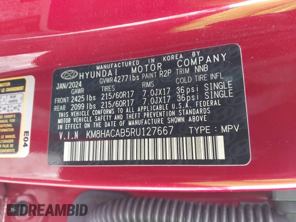 2024 Hyundai Kona SE with VIN KM8HACAB5RU127667, listed as a IAAI auction lot 41575437 with 12,654 mi miles and . Bid and sale history available at DreamBid. Image 9.