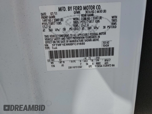 2011 Ford F-150 XL with VIN 1FTMF1EM6BFC31650, listed as a Copart auction lot 59943865 with 67,786 mi miles and Salvage title. Bid and sale history available at DreamBid. Image 13.