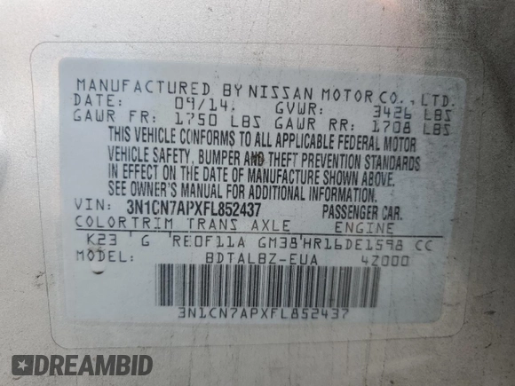 2015 Nissan Versa SV with VIN 3N1CN7APXFL852437, listed as a Copart auction lot 55702425 with 100,021 mi miles and Salvage title. Bid and sale history available at DreamBid. Image 12.