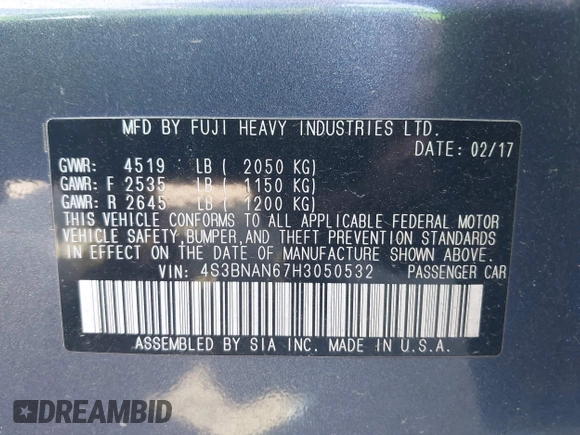 2017 Subaru Legacy Limited with VIN 4S3BNAN67H3050532, listed as a IAAI auction lot 42653932 with 82,125 mi miles and . Bid and sale history available at DreamBid. Image 9.