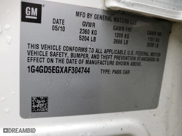 2010 Buick LaCrosse CXL with VIN 1G4GD5EGXAF304744, listed as a Copart auction lot 85059124 with 160,666 mi miles and Salvage Title. Bid and sale history available at carsss.com. Image 12.