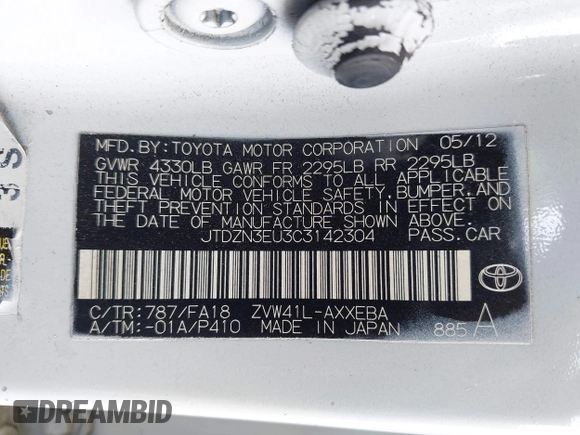 2012 Toyota Prius Two with VIN JTDZN3EU3C3142304, listed as a IAAI auction lot 42120877 with 321,291 mi miles and . Bid and sale history available at DreamBid. Image 9.