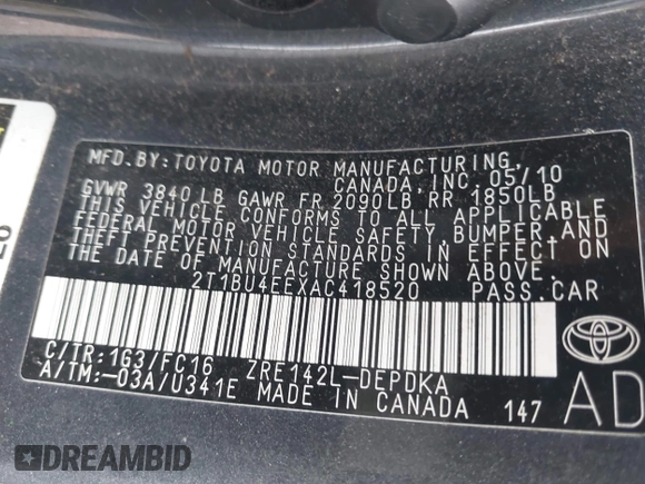 2010 Toyota Corolla with VIN 2T1BU4EEXAC418520, listed as a IAAI auction lot 42491049 with 104,218 mi miles and . Bid and sale history available at DreamBid. Image 9.