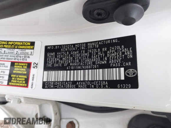 2019 Toyota Camry LE z VIN 4T1B11HK7KU687261, wystawiony jako IAAI lot #42016114 z przebiegiem 123 007 mil mil oraz . Historia ofert i sprzedaży dostępna na DreamBid. Obrazek 9.