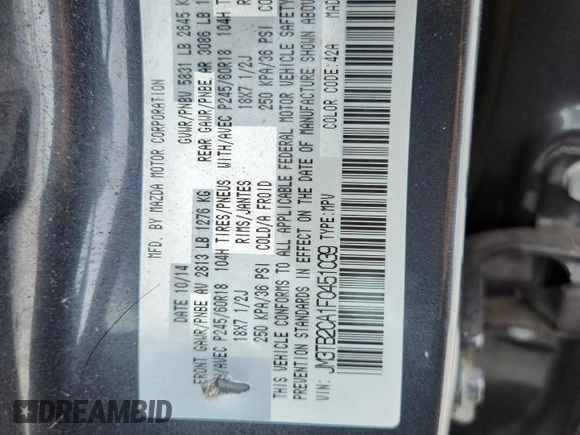 2015 Mazda CX-9 Touring with VIN JM3TB2CA1F0451039, listed as a Copart auction lot 61267635 with 173,967 mi miles and Clean title. Bid and sale history available at DreamBid. Image 13.