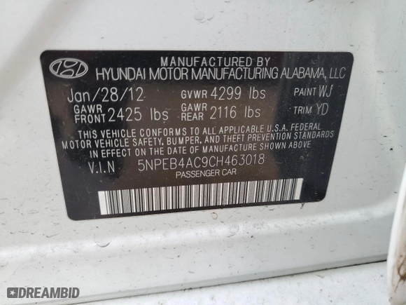 2012 Hyundai Sonata GLS with VIN 5NPEB4AC9CH463018, listed as a Copart auction lot 78000594 with 132,185 mi miles and Non Repairable. Bid and sale history available at carsss.com. Image 12.