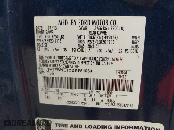 2013 Ford F-150 XL with VIN 1FTFW1ETXDKF51063, listed as a IAAI auction lot 42790441 with 303,665 mi miles and . Bid and sale history available at DreamBid. Image 9.