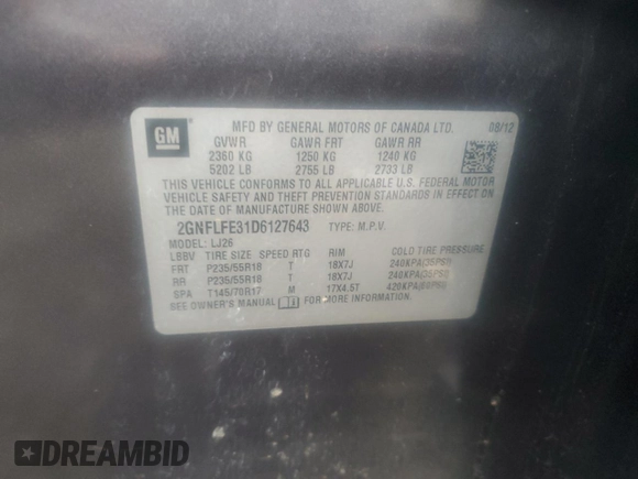 2013 Chevrolet Equinox LTZ with VIN 2GNFLFE31D6127643, listed as a Copart auction lot 79239844 with 130,757 mi miles and Salvage Title. Bid and sale history available at carsss.com. Image 13.