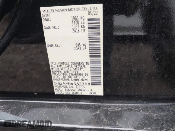 2022 Nissan Altima SR z VIN 1N4BL4CV8NN382308, wystawiony jako IAAI lot #42147379 z przebiegiem 38 225 mil mil oraz . Historia ofert i sprzedaży dostępna na DreamBid. Obrazek 9.