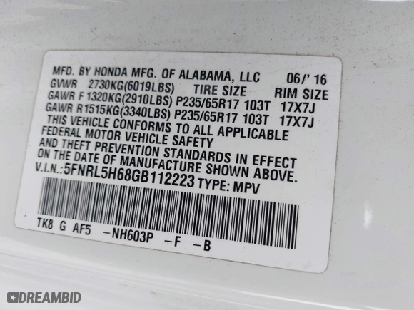 2016 Honda Odyssey EX-L with VIN 5FNRL5H68GB112223, listed as a IAAI auction lot 42056616 with 126,285 mi miles. Bid and sale history available at carsss.com. Image 9.