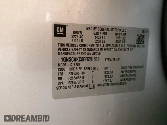2015 Chevrolet Tahoe LS with VIN 1GNSCAKC0FR281838, listed as a Copart auction lot 51745675 with 151,483 mi miles and Clean title. Bid and sale history available at DreamBid. Image 13.