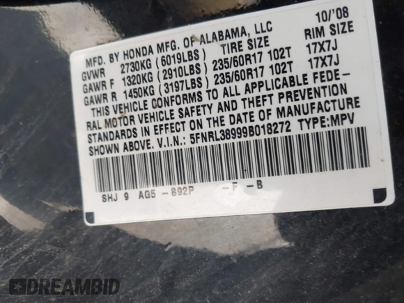 2009 Honda Odyssey Touring с VIN 5FNRL38999B018272, выставлен на аукционе IAAI как лот 42412203 с пробегом 154 987 миль миль и . История ставок и продаж доступна на DreamBid. Изображение 9.