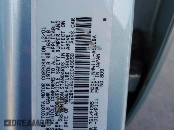 2002 Toyota Prius with VIN JT2BK18U220049650, listed as a Copart auction lot 85754724 with 143,929 mi miles and Clean Title. Bid and sale history available at carsss.com. Image 12.