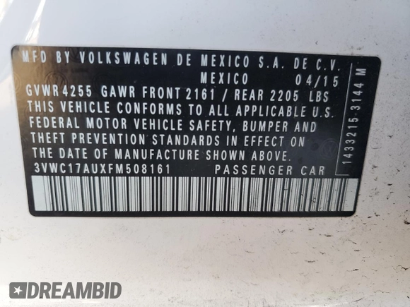 2015 Volkswagen Golf TSI SE with VIN 3VWC17AUXFM508161, listed as a Copart auction lot 78014004 with 103,742 mi miles and Clean Title. Bid and sale history available at DreamBid. Image 12.