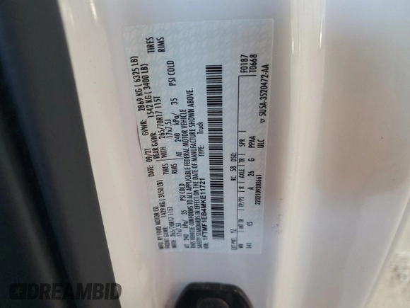 2021 Ford F-150 XL with VIN 1FTMF1EB4MKE11721, listed as a Copart auction lot 65990284 with Not provided miles and Salvage title. Bid and sale history available at DreamBid. Image 12.